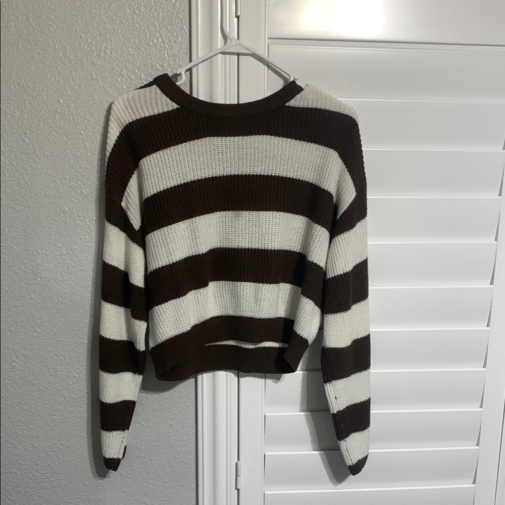 Brown and White Striped Crew Neck Sweater